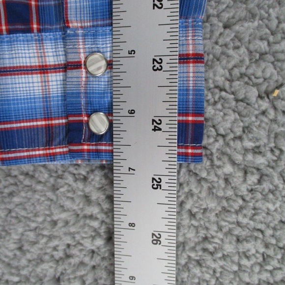 Wrangler Shirt Adult 2XL XXL Pearl Snap Blue Red Tartan Plaid Mens Button Down - Picture 11 of 13